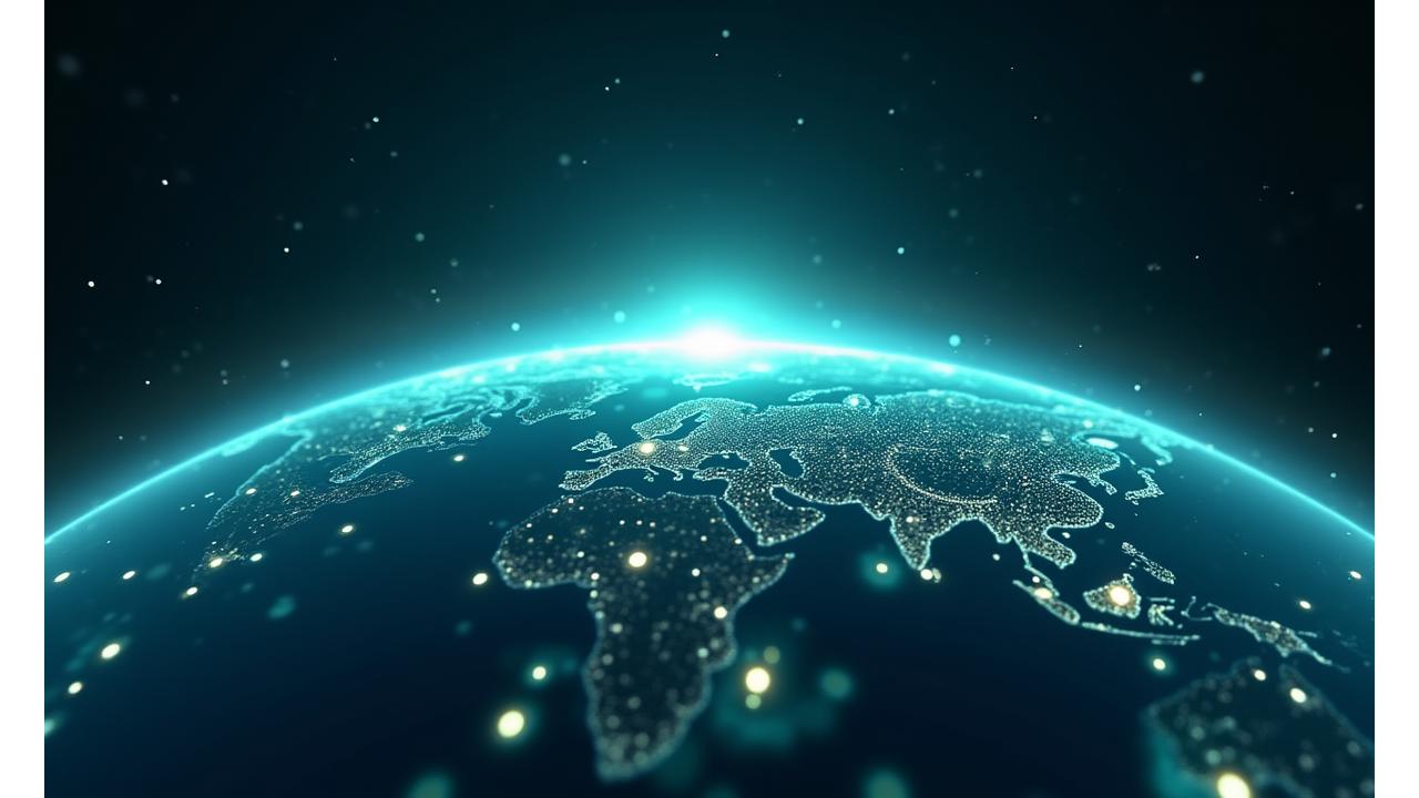 Футуристическое изображение, символизирующее будущее ESG: элементы ИИ, блокчейна, глобальные связи, экологические инновации. Возможно, стилизованная глобальная сеть с данными, технологиями и символами устойчивости.